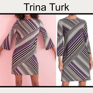 Trina Turk Merry Dress - Striped Geometric Black White Purple Size M NWT